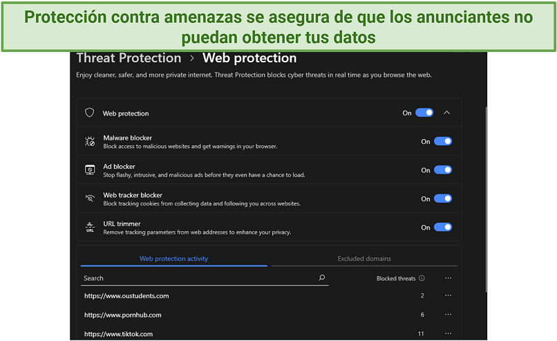 Una captura de pantalla de la Protección contra amenazas de NordVPN que muestra sus características personalizables