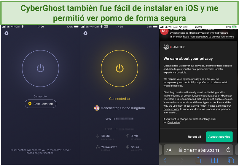 Una captura de pantalla que muestra la aplicación de CyberGhost en iOS conectándose a un servidor en el Reino Unido para ver pornografía de forma segura en xHamster