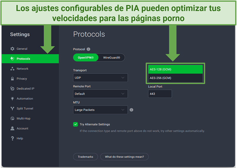 Una captura de pantalla que muestra cómo cambiar los niveles de cifrado en el panel de configuración de la aplicación de PIA