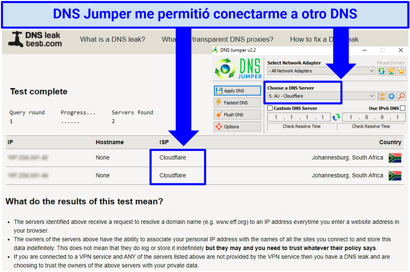 Captura de pantalla que muestra que puedes usar DNS Jumper para conectarte a otro DNS