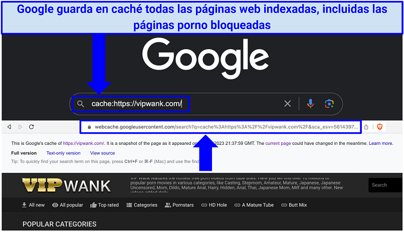 Una captura de pantalla que muestra cómo utilizar la caché del motor de búsqueda de Google para acceder a sitios porno bloqueados