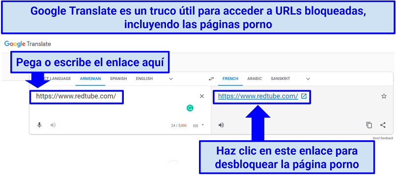 Una captura de pantalla que muestra cómo usar Google Translate para desbloquear webs de porno