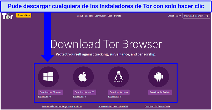 Una captura de pantalla que muestra cómo descargar el navegador Tor