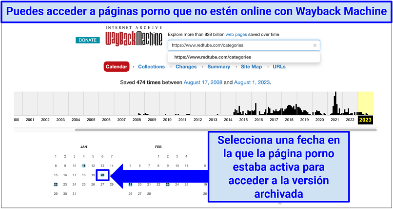 Una captura de pantalla que muestra cómo se puede usar Wayback Machine para desbloquear sitios porno