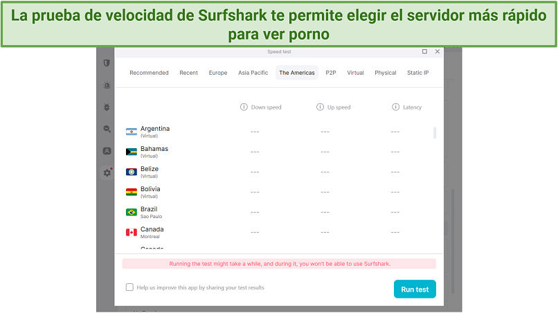 Una captura de pantalla que muestra la herramienta de prueba de velocidad de Surfshark en su aplicación de Windows