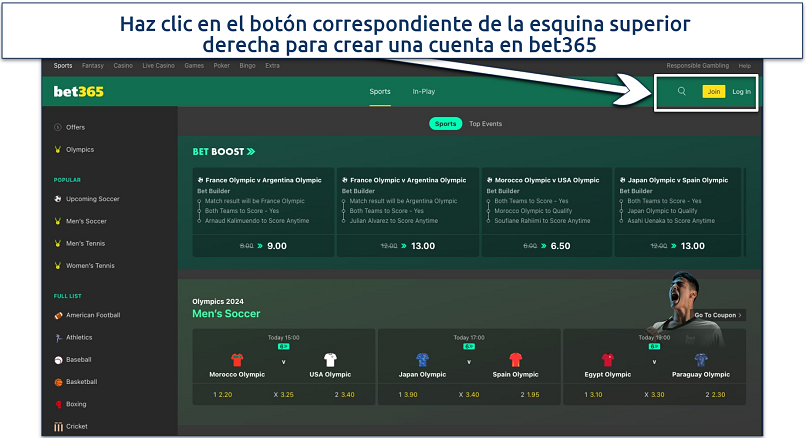 Screenshot of the bet365 platform home page