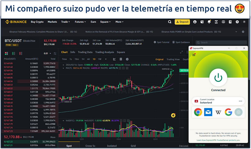 Captura de pantalla del panel de comercio de Binance estando conectado al servidor de Suiza de ExpressVPN.