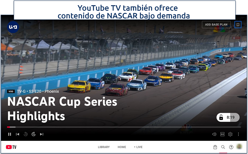 Screenshot of streaming NASCAR on YouTube TV