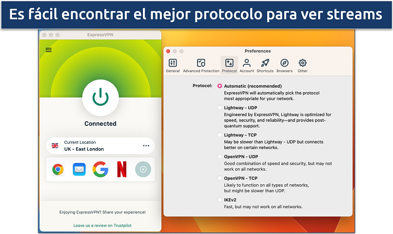 Captura de pantalla de la lista de protocolos de la aplicación de ExpressVPN