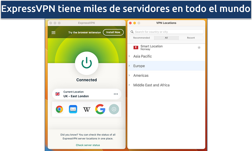 Captura de pantalla de las ubicaciones de los servidores en la aplicación de ExpressVPN