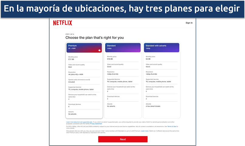 Captura de pantalla de los tres planes de precios disponibles en Netflix Reino Unido