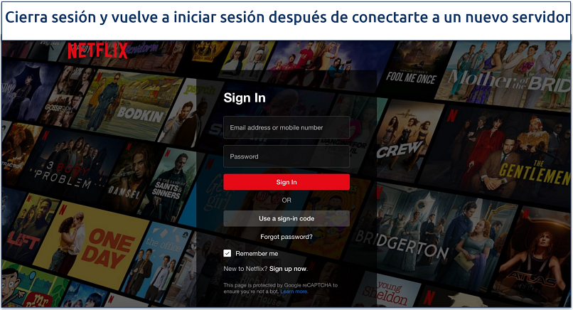 Captura de pantalla de la página de inicio de sesión de Netflix