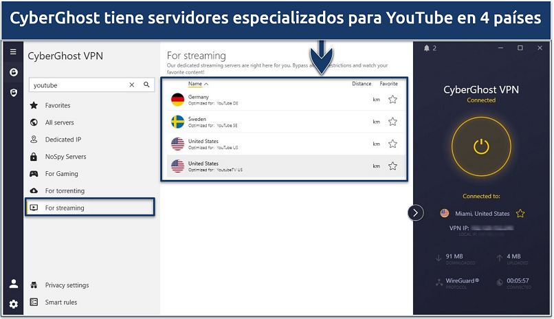 Screenshot of the CyberGhost interface showing its YouTube-optimized servers