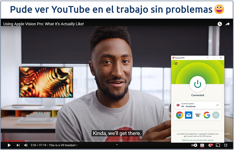 Screenshot showing a video playing on YouTube TV with ExpressVPN connected to the UK Docklands server