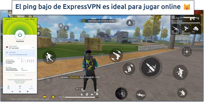 Screenshot of Free Fire gameplay with ExpressVPN connected