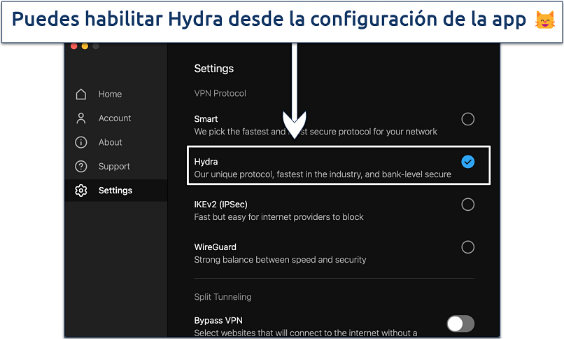 Screenshot showing how to enable Hotspot Shield's Hydra protocol