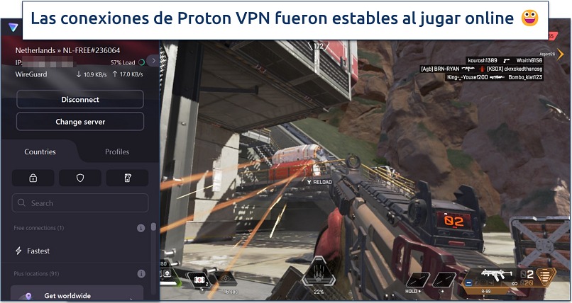 Screenshot of Apex Legends gameplay with Proton VPN connected