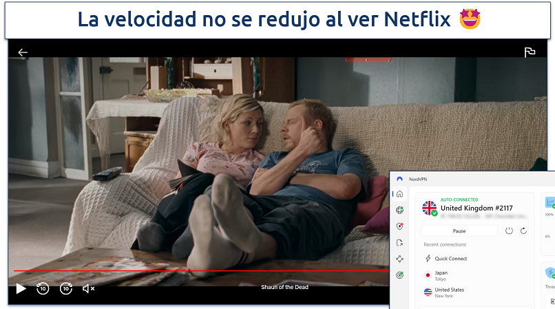 screenshot showing Shaun of the Dead streaming on Netflix with NordVPN connected