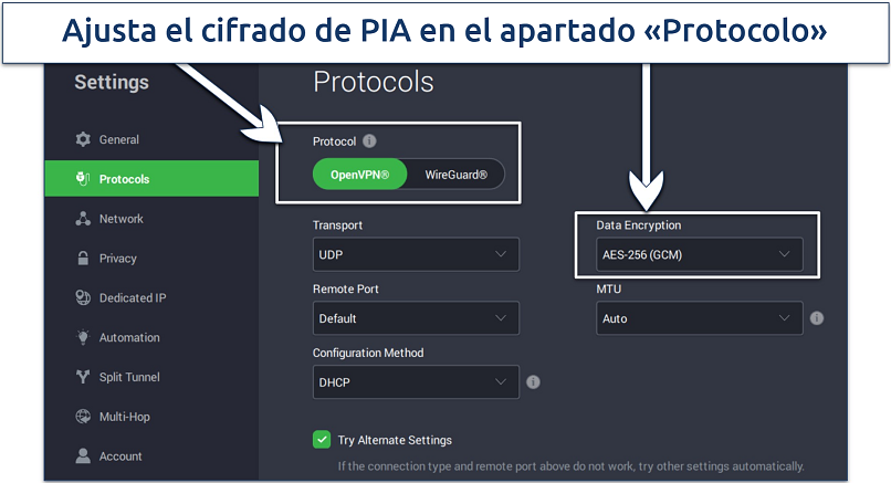 Screenshot showing protocol settings of PIA on Windows app interface