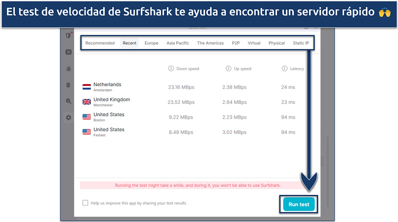 screenshot showing the speedtest feature of Surfshark in its Windows app