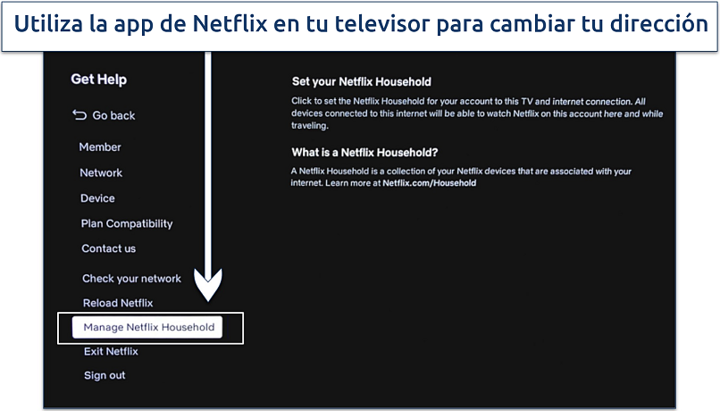 Captura de pantalla que muestra cómo cambiar la dirección de tu domicilio de Netflix en la app de la Smart TV