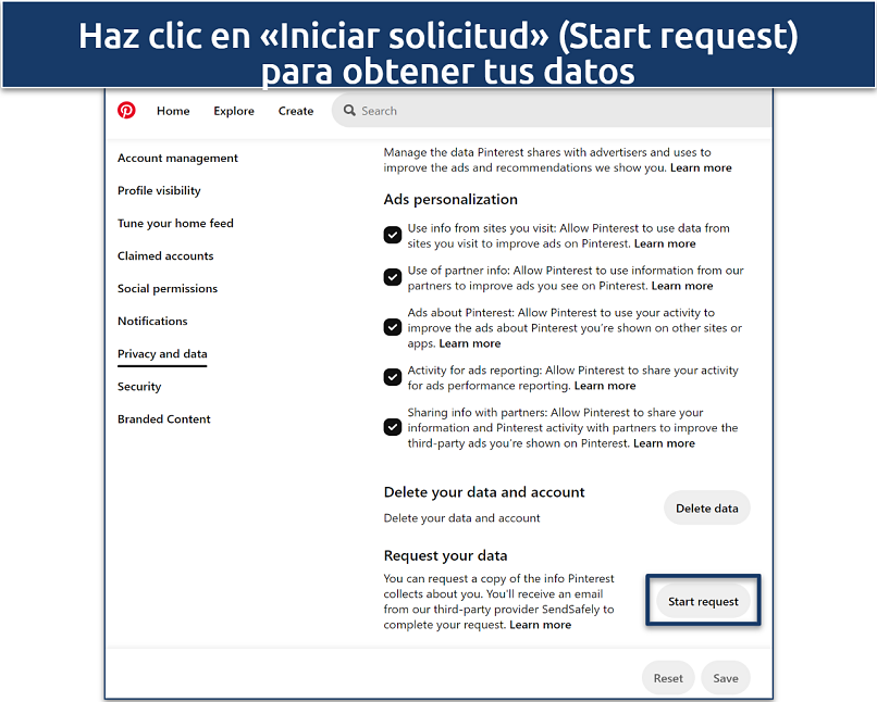 Captura de pantalla de la página de Privacidad y datos de Pinterest