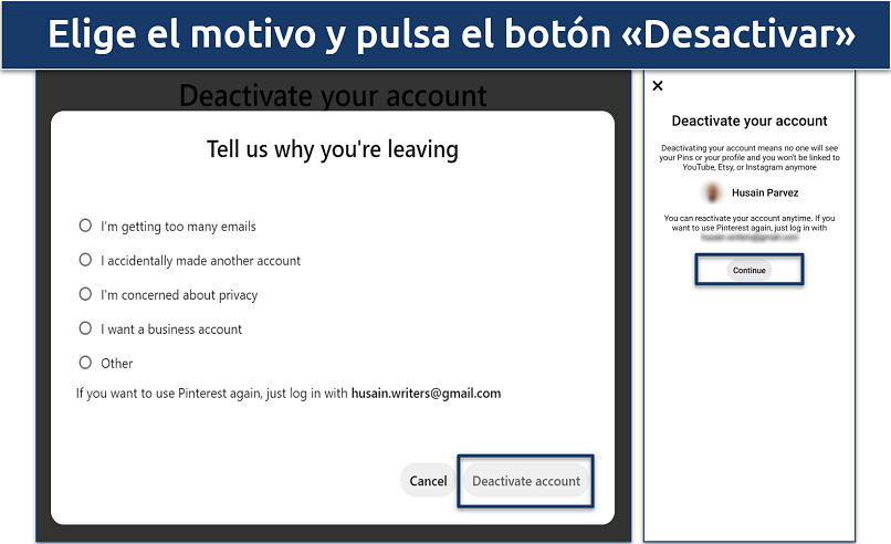 Captura de pantalla de la página de desactivación de la cuenta de Pinterest