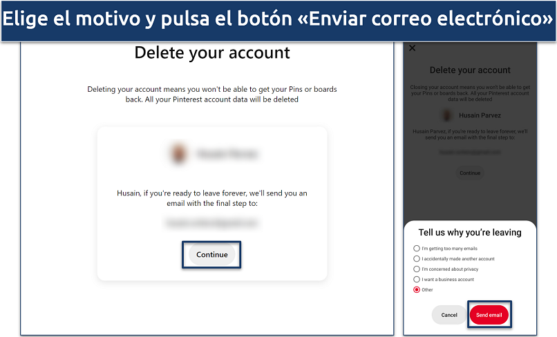 Captura de pantalla de la página de eliminación de cuenta de Pinterest