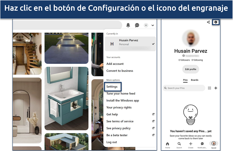 Captura de pantalla de la opción Configuración de Pinterest