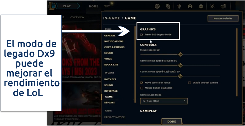 Captura de pantalla habilitando el modo de legado Dx9 en LoL