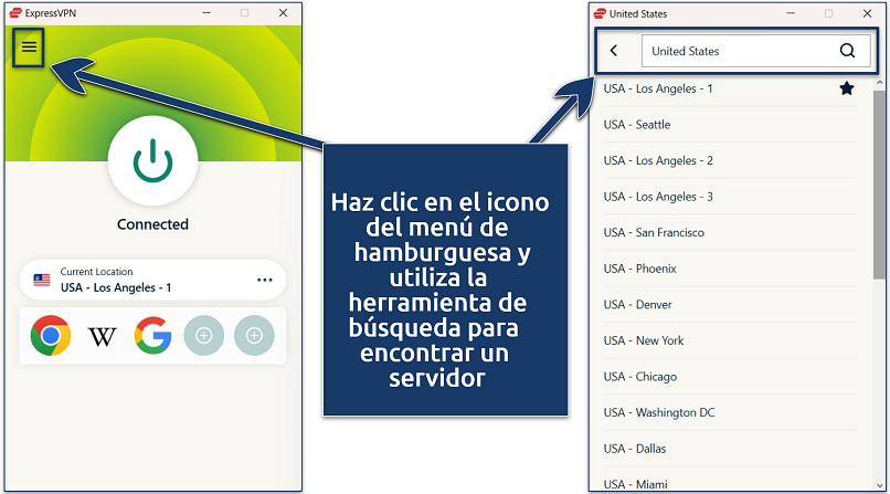 Captura de pantalla de la aplicación de ExpressVPN para Windows con la lista de servidores de EE. UU. y una conexión al servidor de Los Ángeles - 1