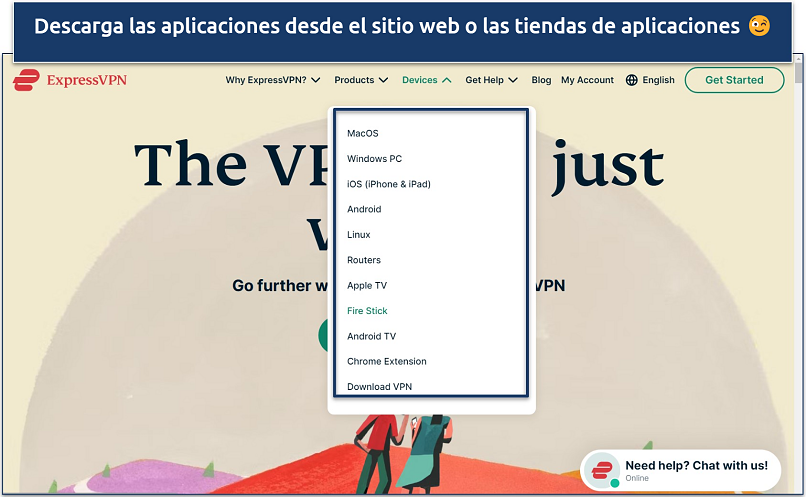 Captura de pantalla de la página principal del sitio web de ExpressVPN