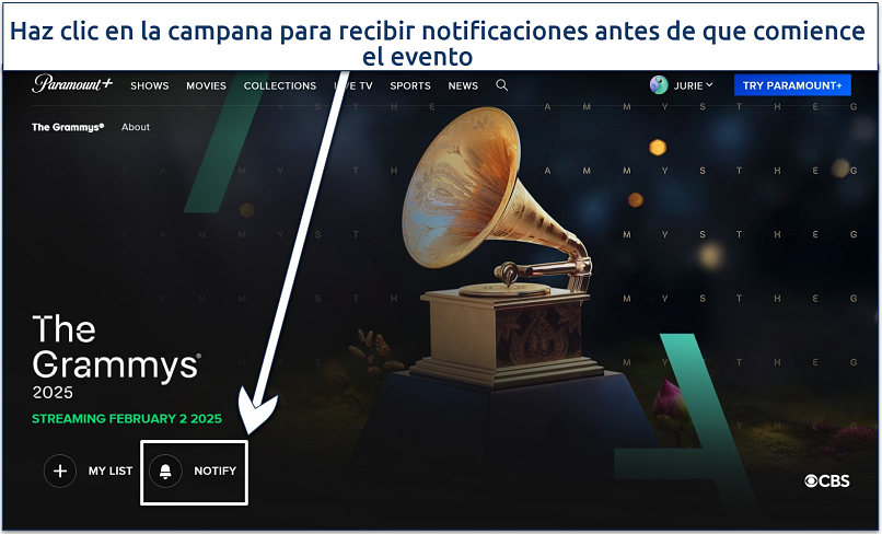 Captura de pantalla de la página de Paramount de los Grammy 2025 con el botón 