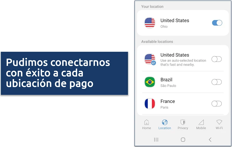 Captura de tela da rede de servidores da VPN Samsung Max no aplicativo móvel