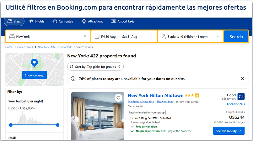 A screenshot showing Booking.com home along with filter options for easily searching for a hotel, flight, or car