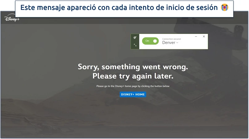 Captura de pantalla que muestra que TunnelBear no funciona con Disney+