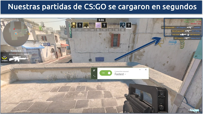 Captura de pantalla que muestra Counter-Strike: Global Offensive mientras está conectado al servidor más rápido de TunnelBear