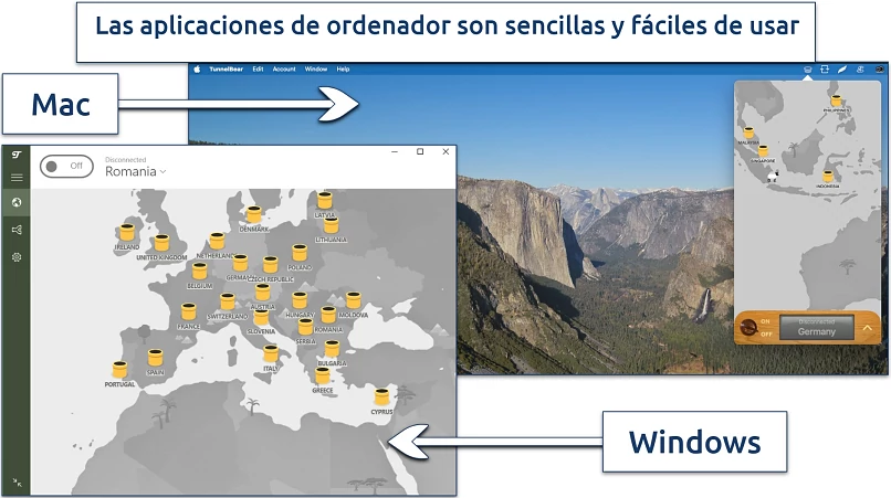 Captura de pantalla que muestra la pantalla de inicio de TunnelBear en las aplicaciones de Windows y Mac
