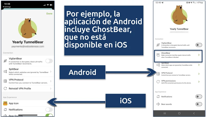 Captura de pantalla que muestra la pantalla de inicio de TunnelBear en las aplicaciones de Android e iOS