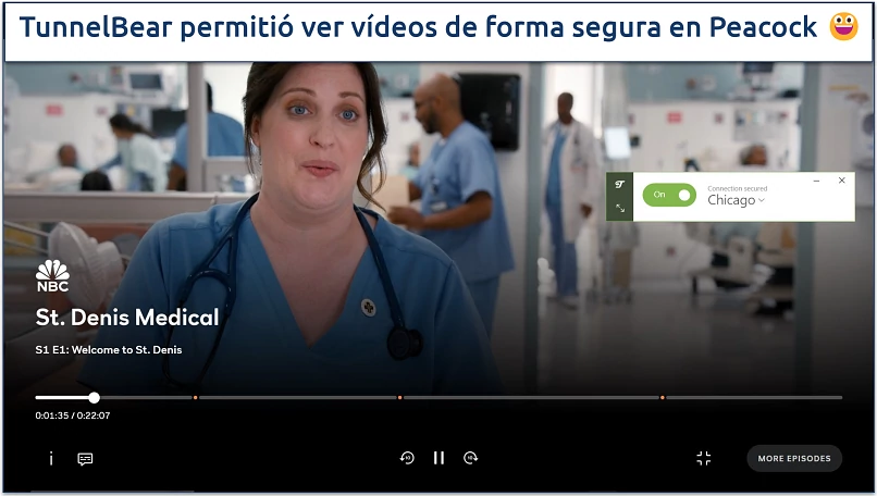 Captura de pantalla de Peacock reproduciendo St. Denis Medical con el servidor en EE. UU. de TunnelBear conectado