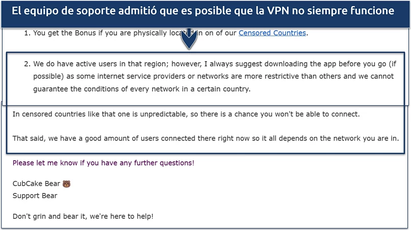 Two screenshots showing TunnelBear's support team confirming that the VPN may work in China
