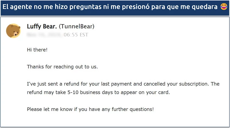 A screenshot showing TunnelBear offer refunds, albeit on a case-by-case basis