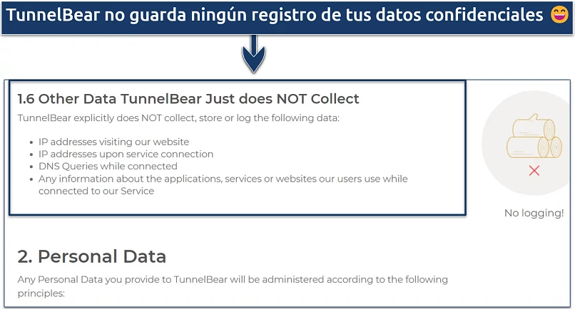 Captura de pantalla que muestra que TunnelBear no guarda información confidencial como direcciones IP y solicitudes de DNS