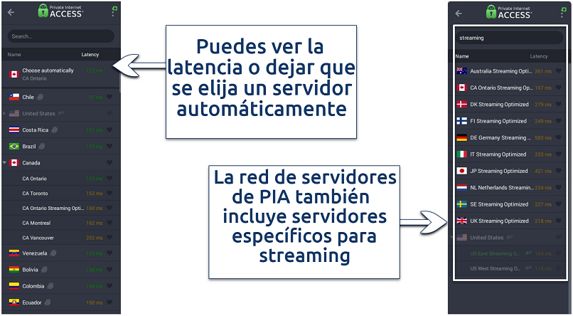  Image showing the streaming optimized servers on Private Internet Access App interface.