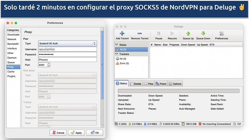 Screenshot showing how to configure NordVPN's SOCKS5 proxy to Deluge
