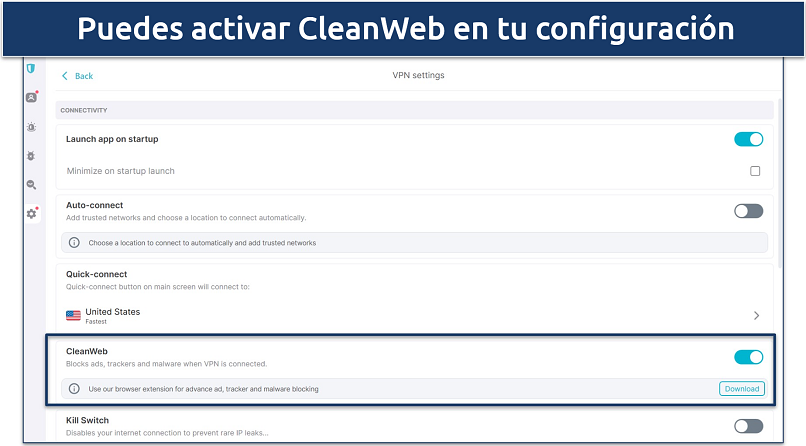 A screenshot of Surfshark's settings showing the CleanWeb ad blocker enabled