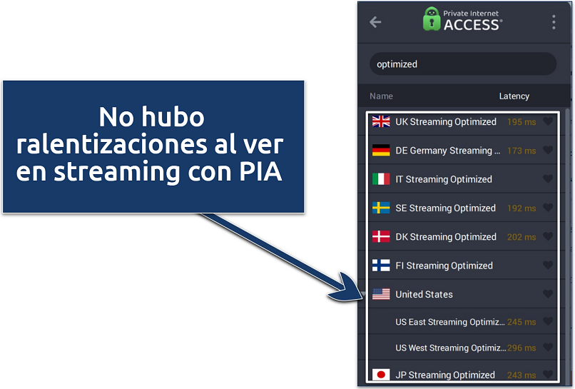 Screenshots of PIA's server list showing the servers optimized for streaming