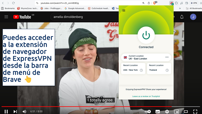 Screenshot showing ExpressVPN's Brave browser extension