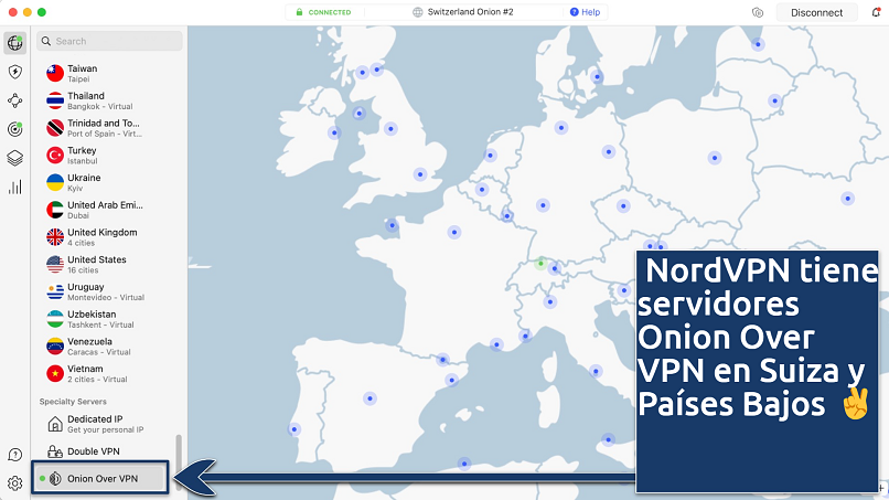 Screenshot showing NordVPN's Onion Over VPN servers
