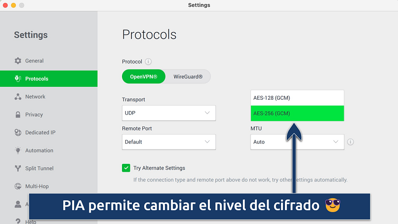 Screenshot showing how to switch encryption levels on the PIA app